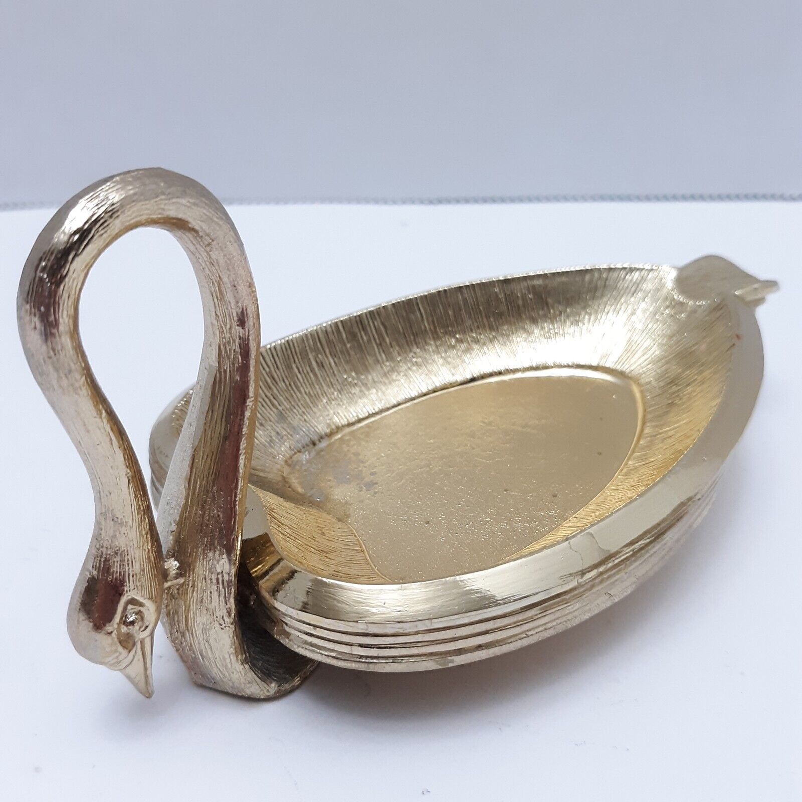 Goldtone Swan Etched Ashtray Metal 4 pc Set Stackable 4 inches 
