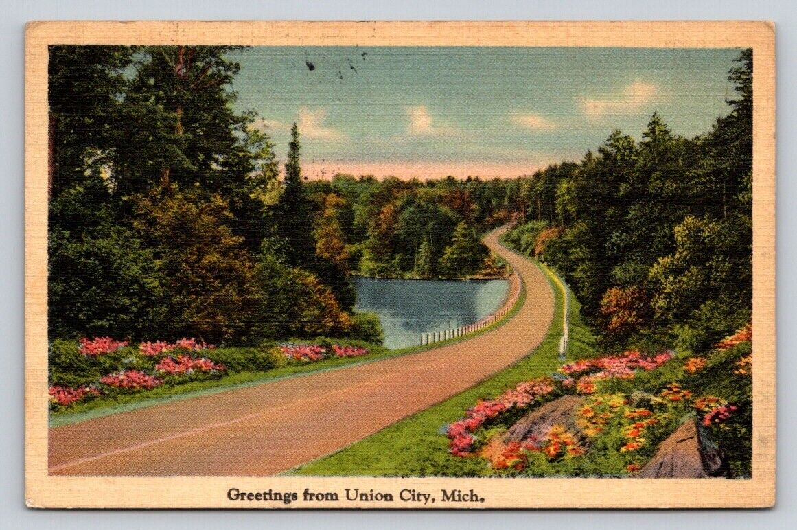 Linen Rural Road Woods Greetings From Union City Michigan P88A