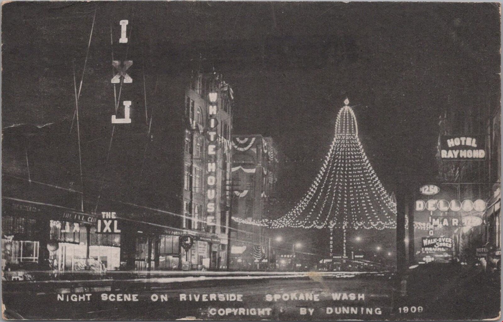 Postcard Night Scene on Riverside Spokane WA 1909