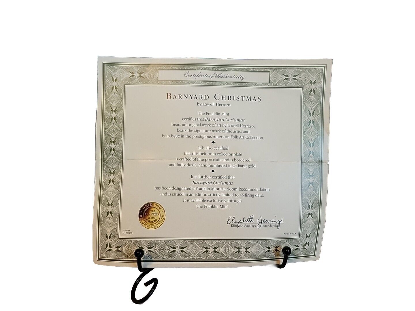 Franklin MINT Barnyard  Christmas  Certificate