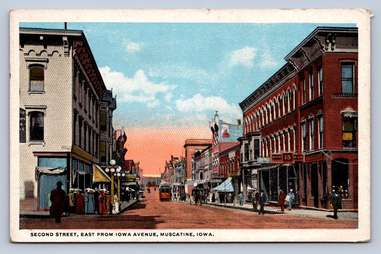 K2/ Muscatine Iowa Postcard c1910 Second Street Stores Trolley  396