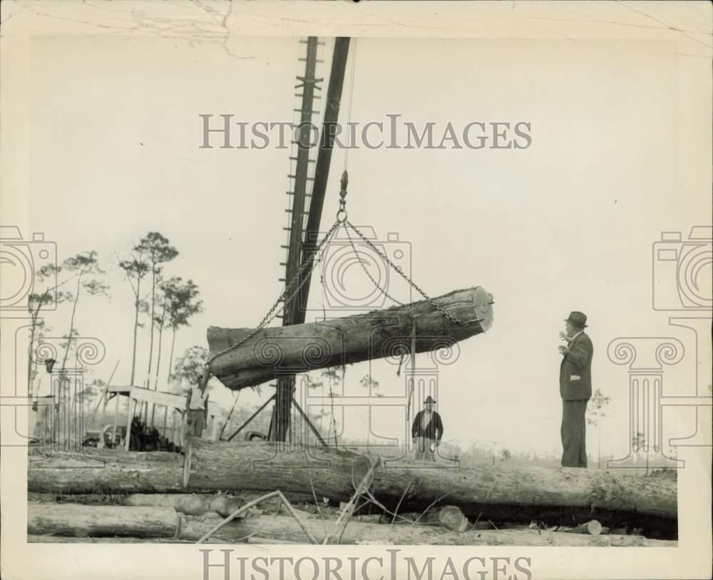 1939 Press Photo Workmen watch as the crane truck unloads a log - lra031147