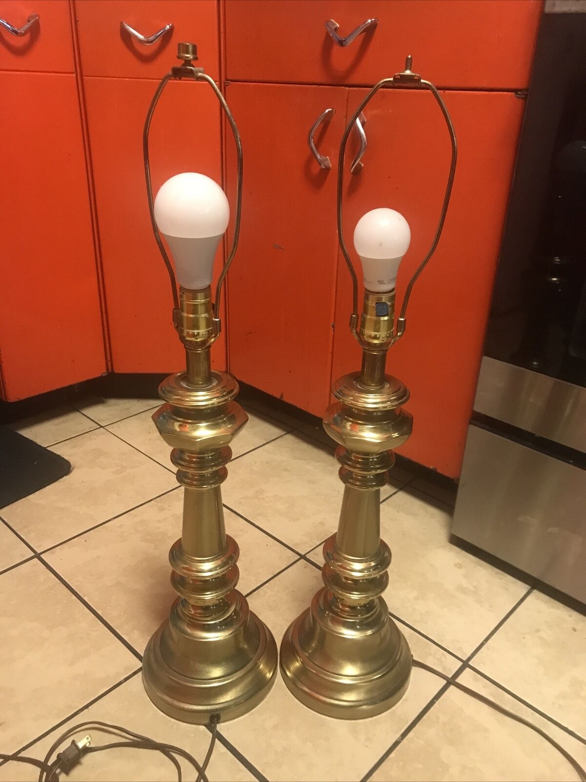 Pair of Vintage MCM Heavy Brass Stiffel Style Trophy Urn Lamps
