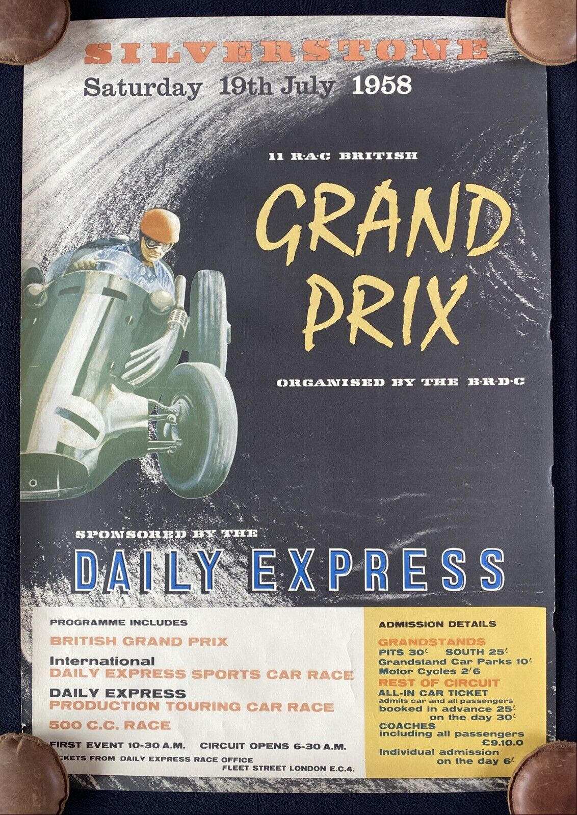 Original 1958 British Grand Prix Silverstone Poster Daily Express Races
