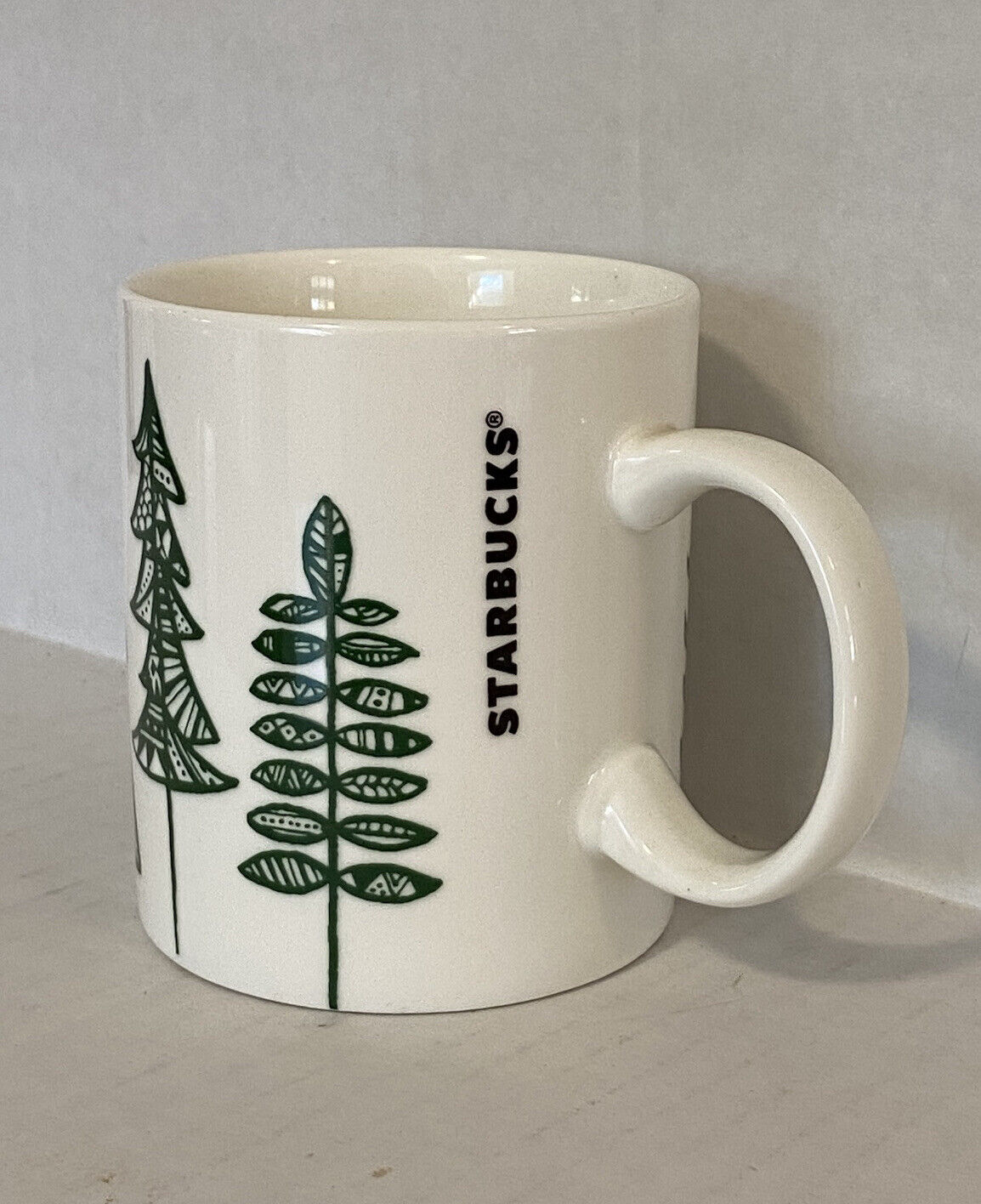Starbucks Winter Season Coffee Mug 2015 White with Green Trees New Cup
