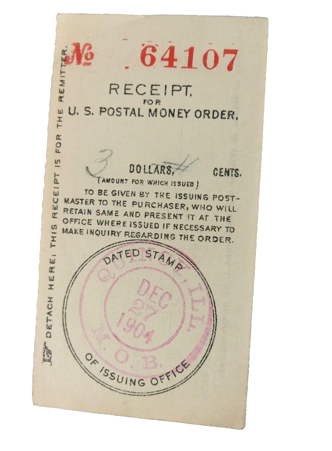 Antique 1904 USPS US Postal Service Money Order Receipt Ephemera