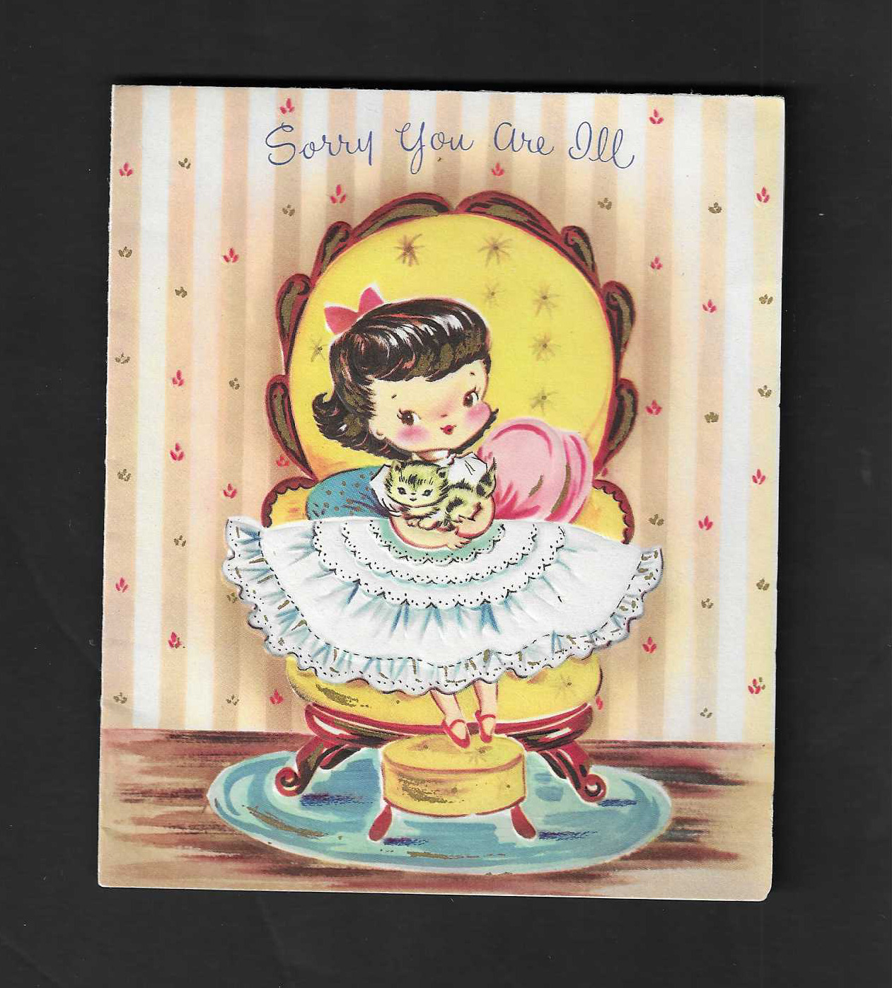 vtg 1940s A Lovely Greeting Sorry You Are Ill Get Well Card Girl Kitten at Bed