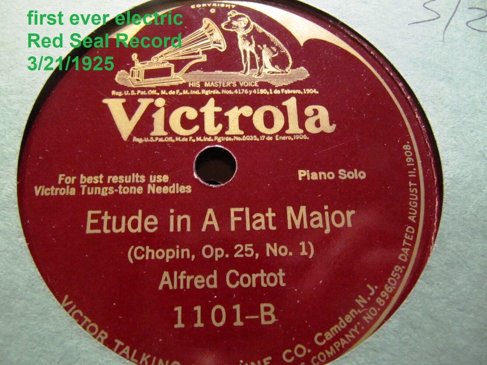 3/21/1925 1st ELECTRIC VICTOR DAY Alfred Cortot PIANO Chopin Minute Waltz 1101