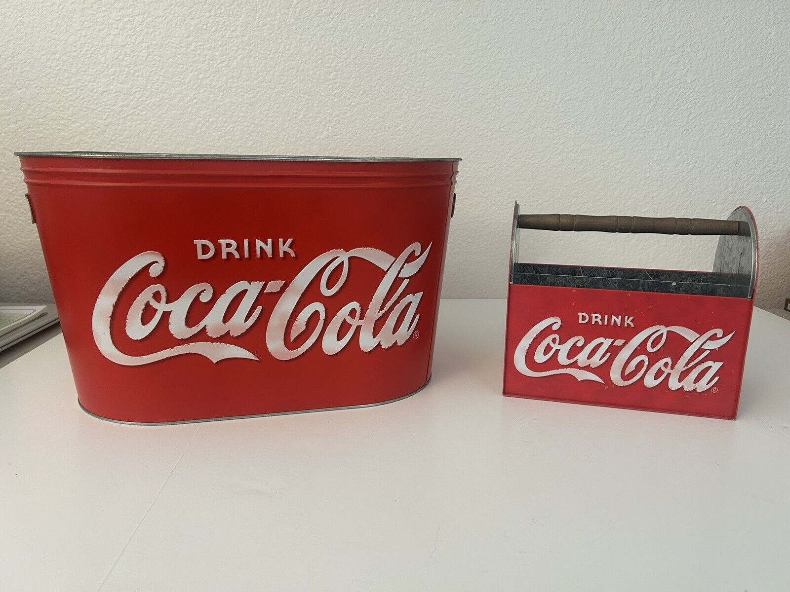 Vintage Coca Cola Ice Chest Bucket And Utensil And Napkin Holder Great Condition