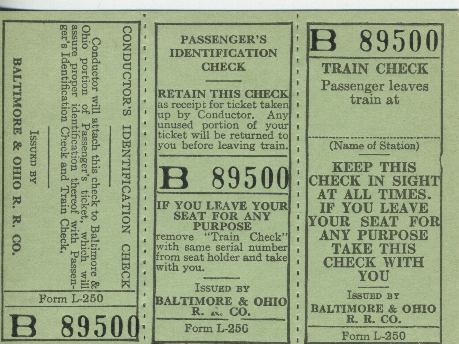 Vintage Mid 20th Century Baltimore & Ohio R.R. Train Check B89500