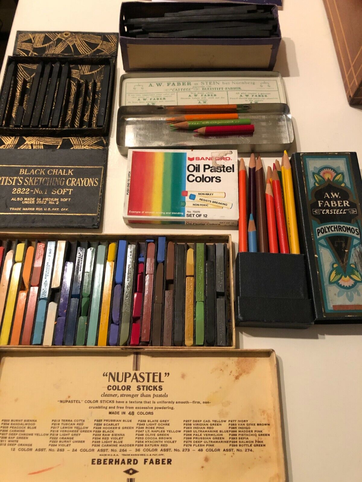 Vintage A.W. Faber Castell Polychrome pencils and Nupastel color sticks, etc.