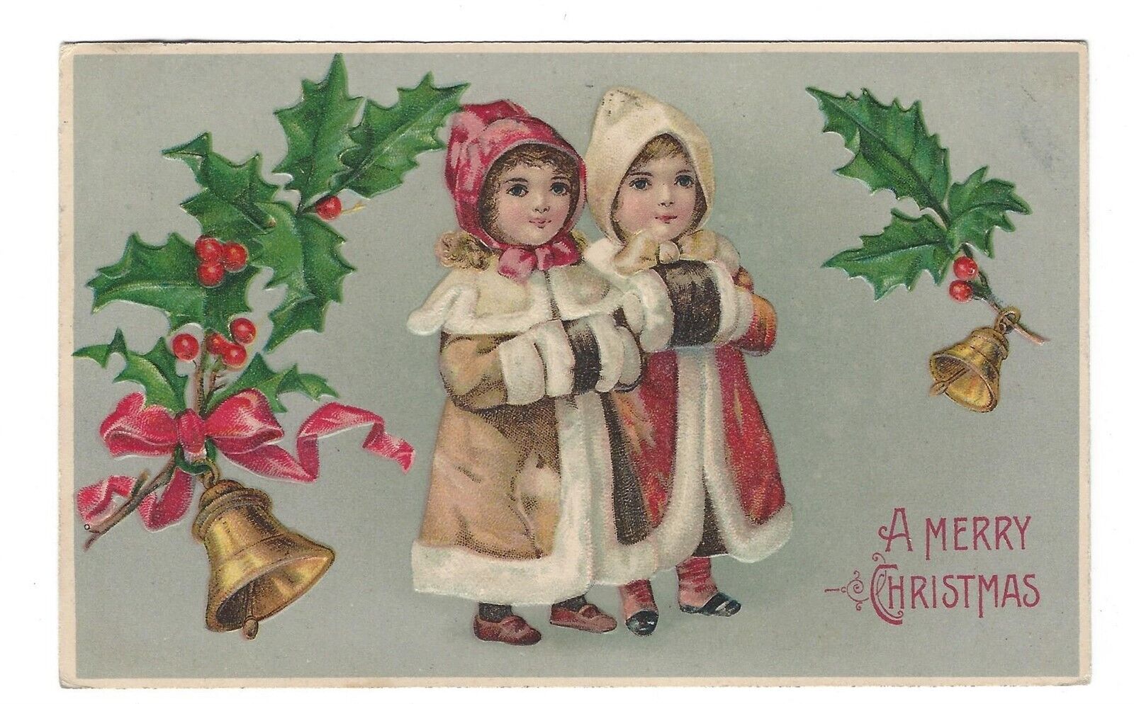 1907 Merry Christmas Postcard Two Cute Little Girls Coats Muffs Germany