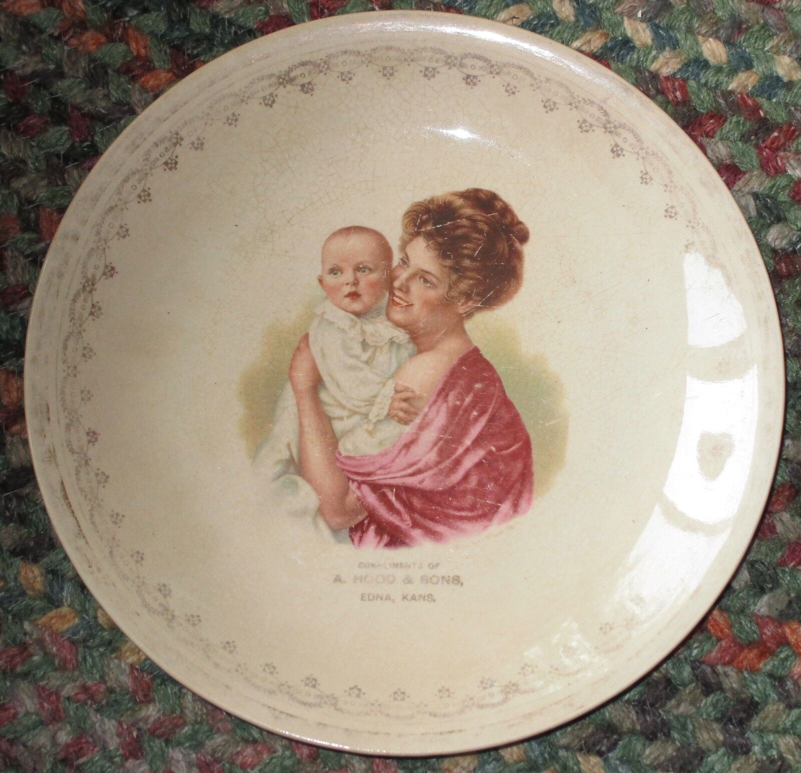 Edna Kansas merchant advertising plate A. Hood mother & child early 1900s