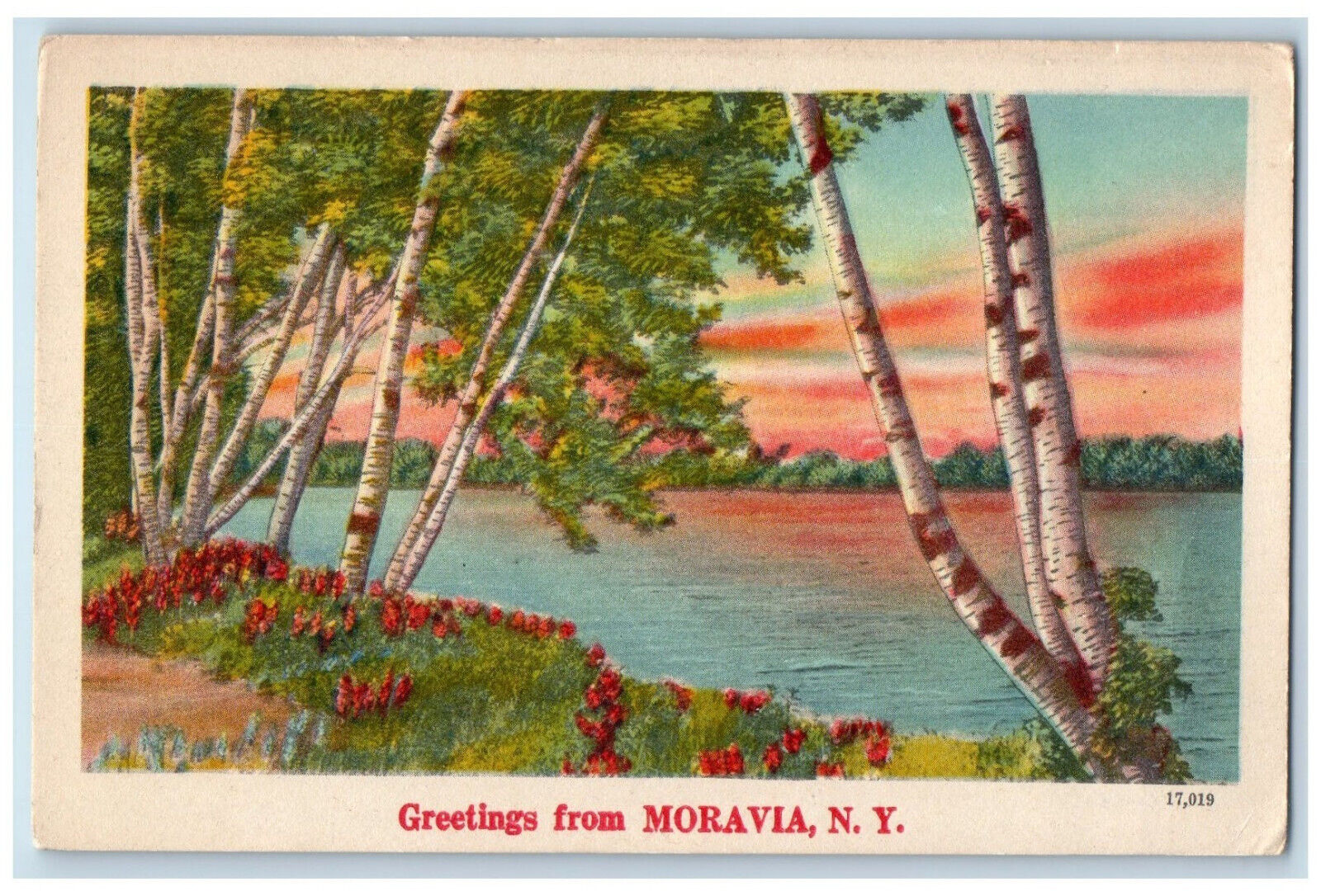 c1940\'s River Scene Greetings from Moravia New York NY Posted Lanscaped Postcard