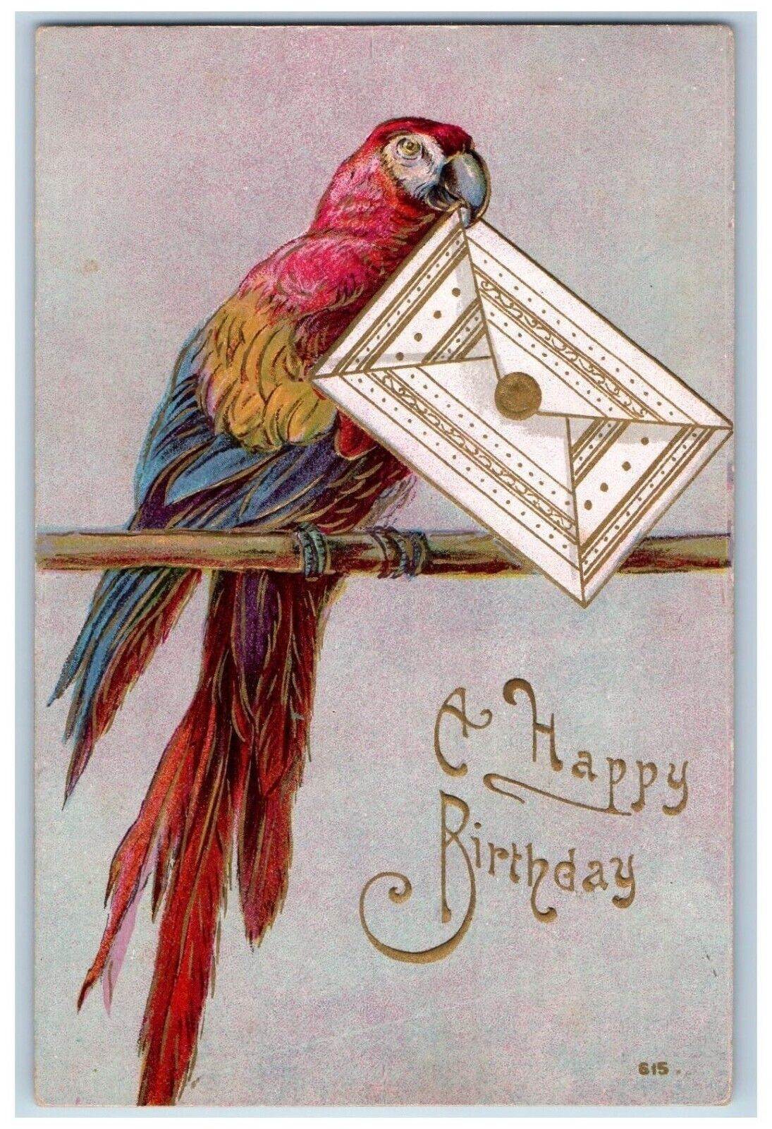 Birthday Postcard Parrot With Envelope Embossed c1910's Posted Antique
