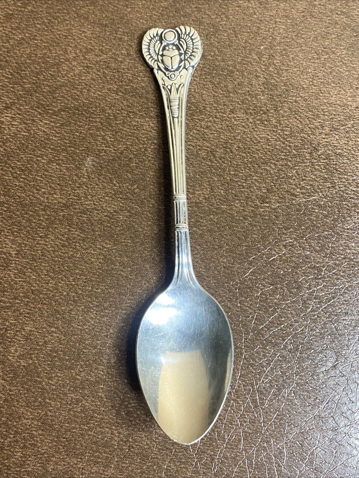 Antique Egyptian Revival Demitasse Scarab Spoon 4.5” Silver Plate Collectible
