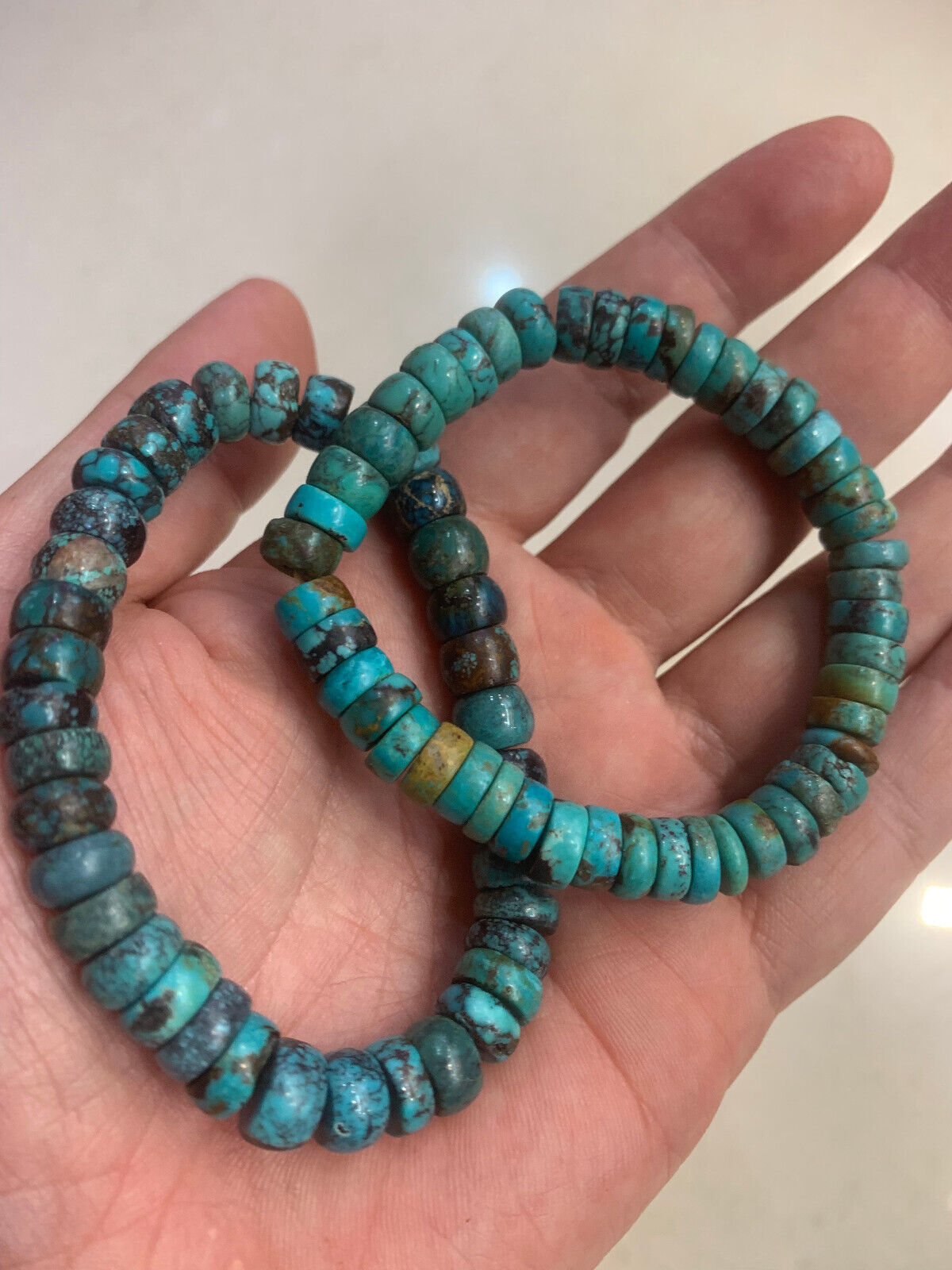 2 Pcs Excellent Tibetan Natural Turquoise Disc Beads Prayer Bracelets