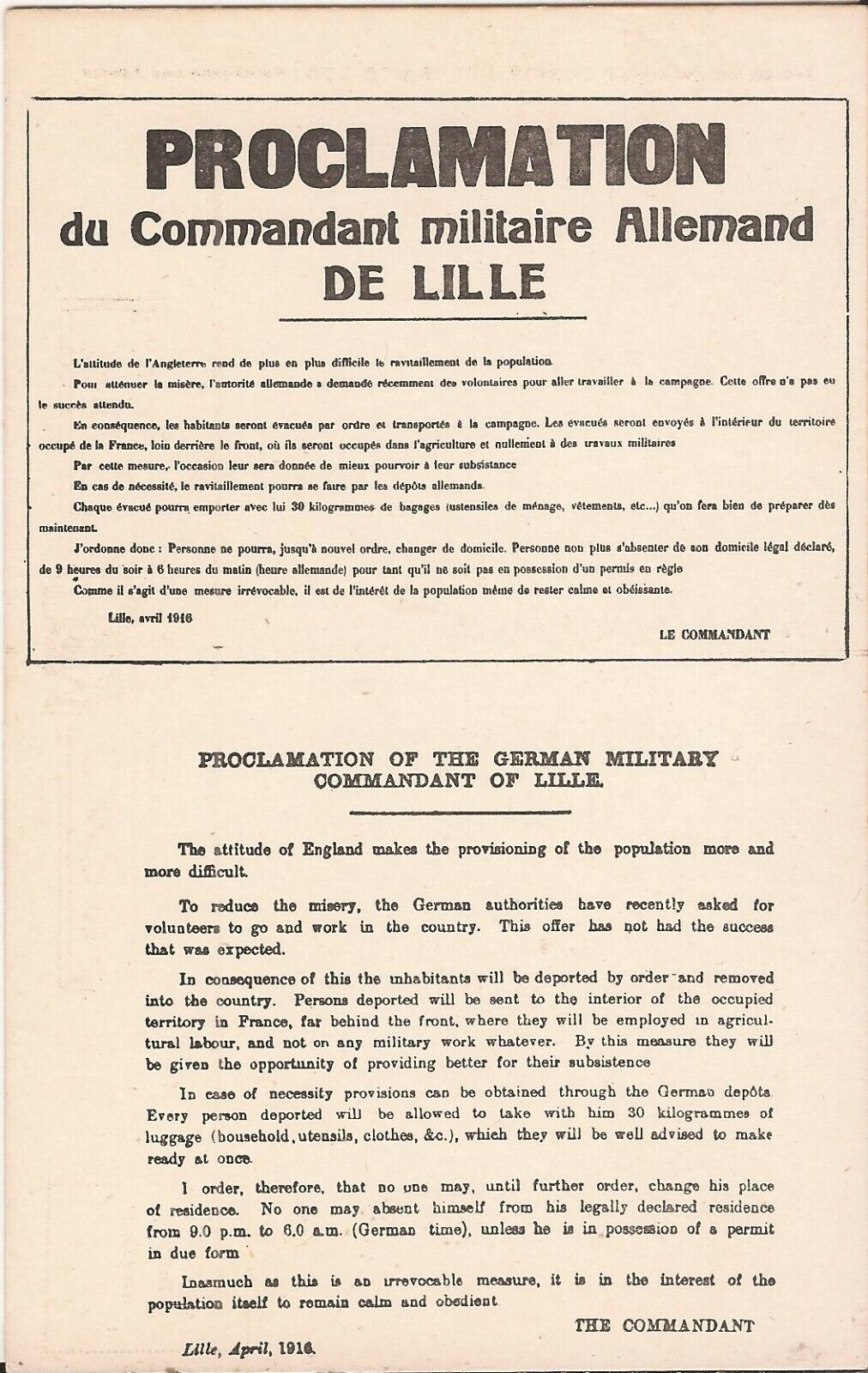 WWI - PROCLAMATION - German Military Commandant Lille - BRITISH PROPAGANDA