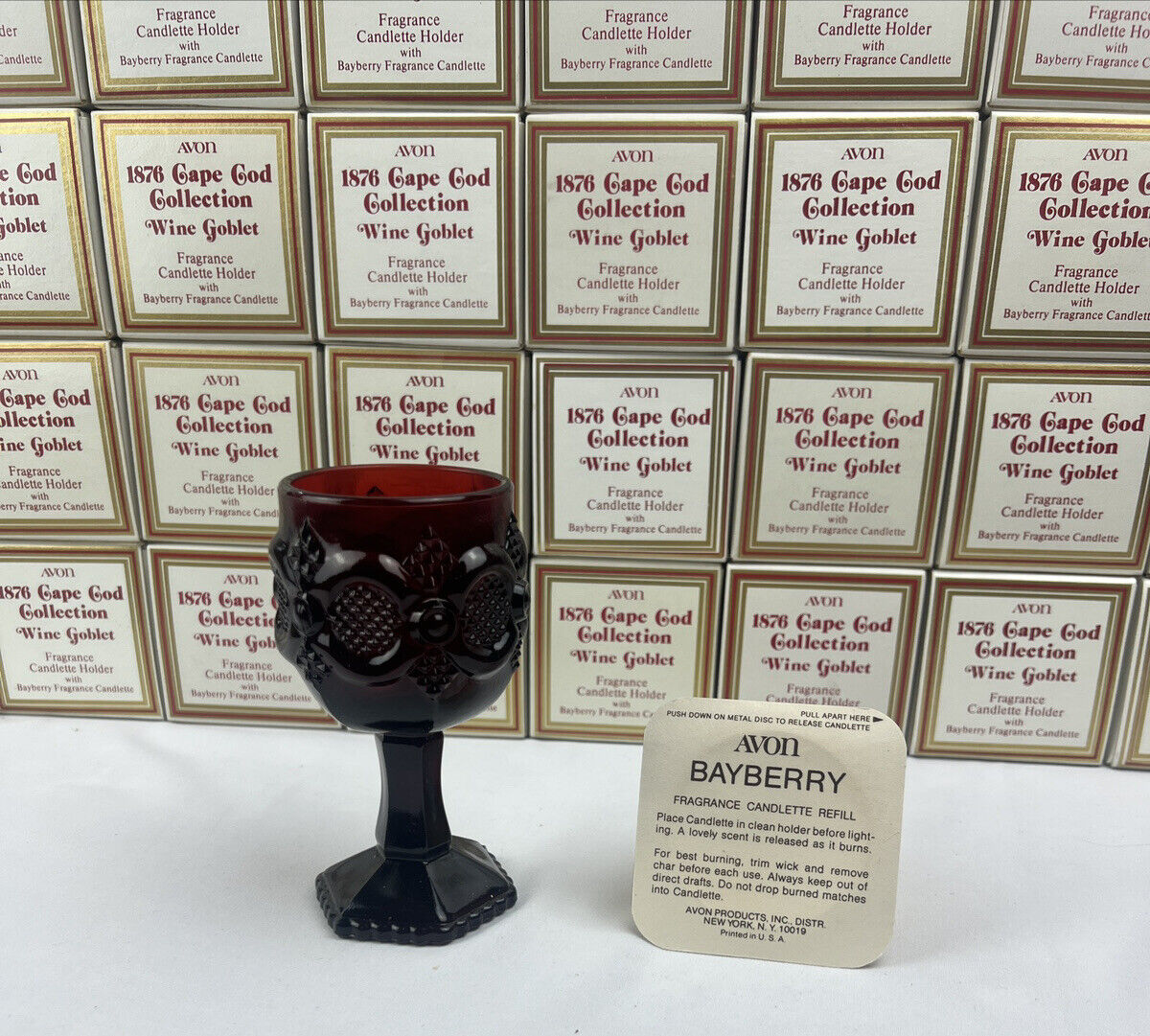 2-Vtg. Avon Cape Cod 1876 Ruby Red Goblets NIB With Bayberry Candle 4-1/2”H
