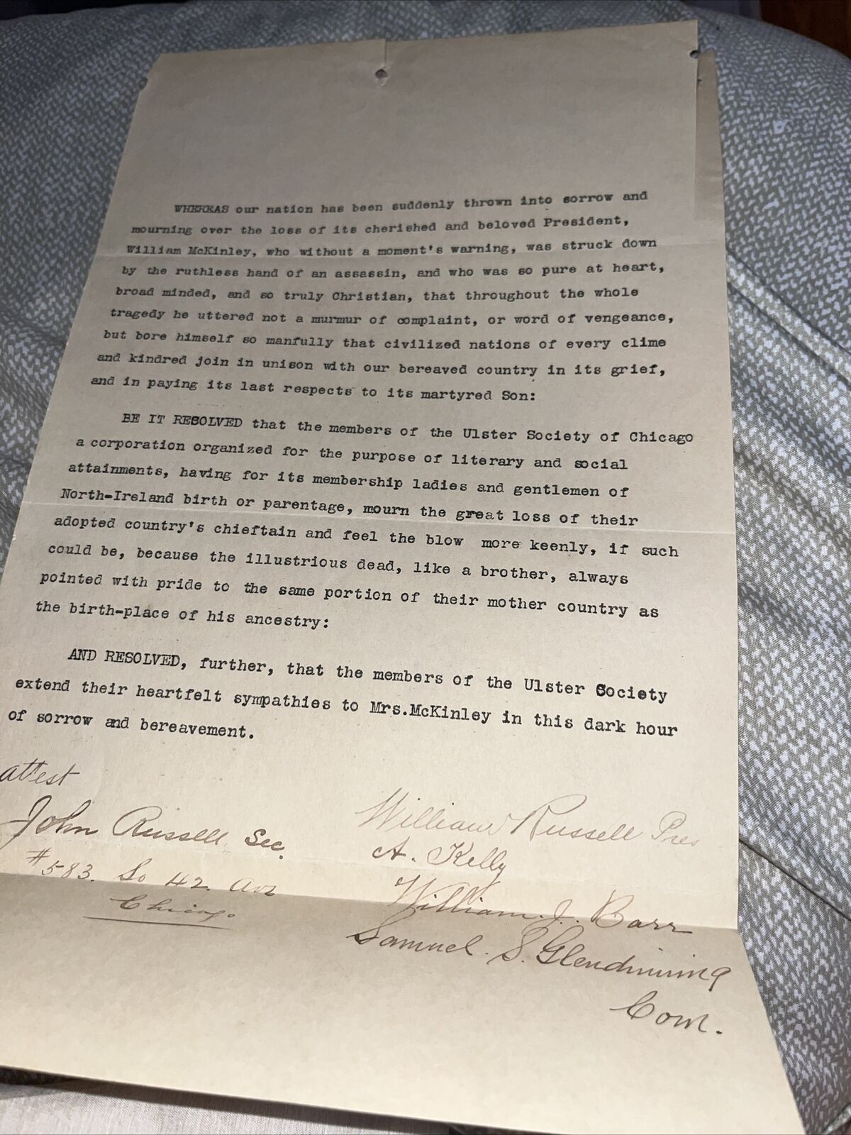 1901 Chicago Ulster Society Resolution on President McKinley Assassination