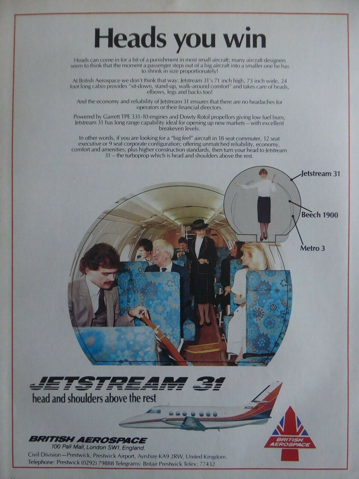 5/1985 PUB BRITISH AEROSPACE JETSTREAM 31 REGIONAL AIRLINER ORIGINAL AD