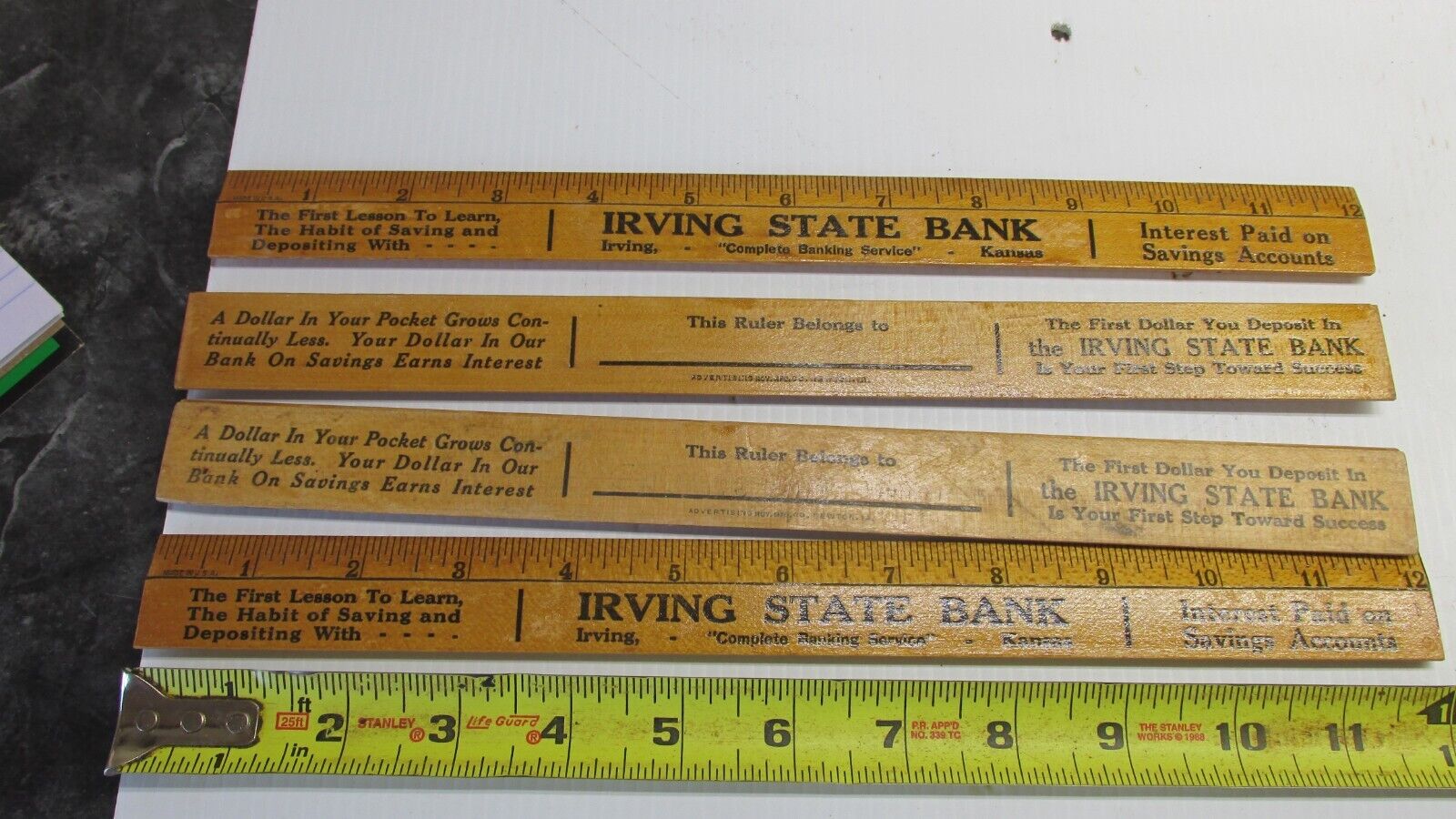 4 Antique Irving Kansas State Bank School Ruler Tool