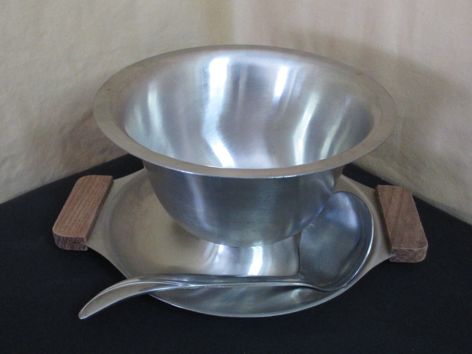 Vintage Mid Century Interpur Stainless Steel Bowl W/ Handles & Ladle