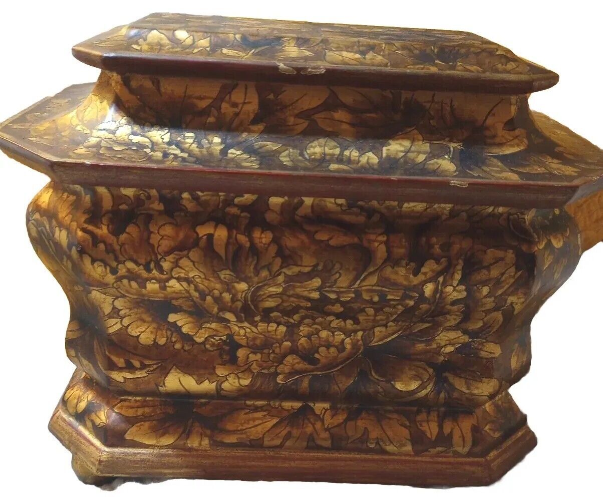 Castilian Imports Brown Gold Leaf Design Wood Hinges Box Large Beautiful