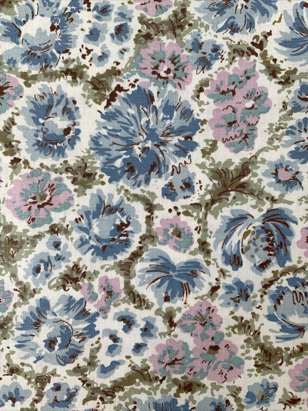 NEW Vintage Polished Cotton Fabric PINK & Blue Floral Against White ~ 1 yds NOS
