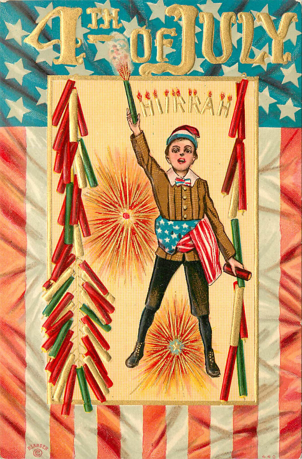 Embossed Postcard 4th Of July P Sander 444 Little Boy American Flag Cumberbun