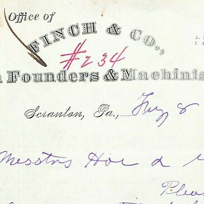 Scarce Small 1873 Letterhead Finch & Co. Iron Founders & Machinists Scranton, PA