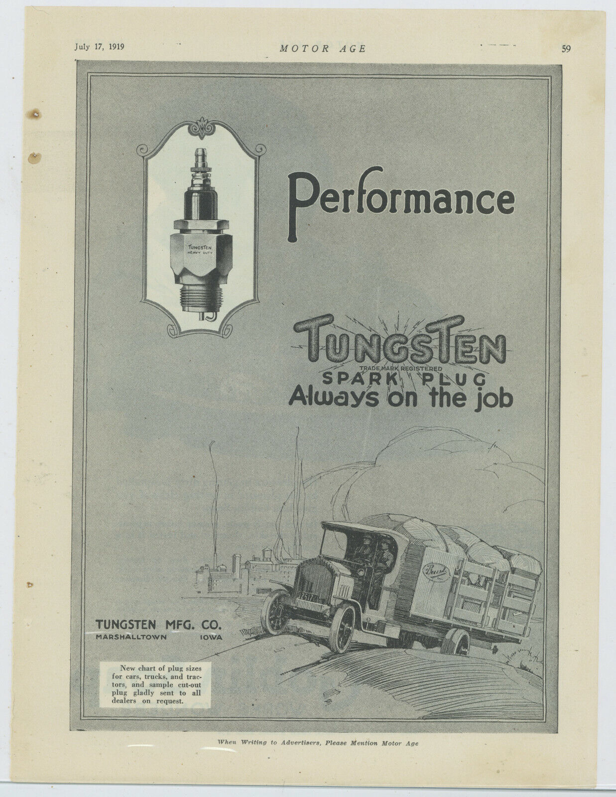 1919 Tungsten Spark Plugs Ad: Heavy Duty for Trucks - Marshalltown, Iowa