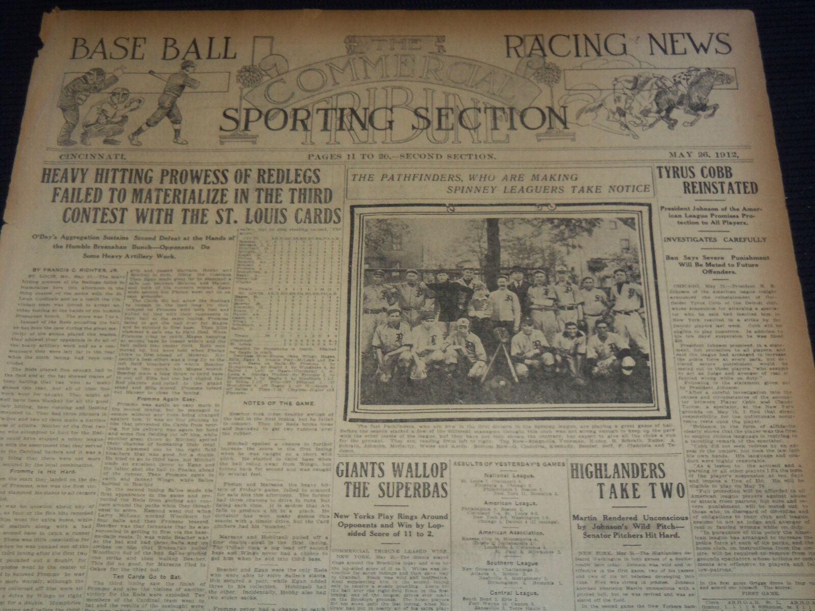 1912 MAY 26 CINCINNATI COMMERCIAL TRIBUNE SPORTS SECTION - TY COBB - NT 9466