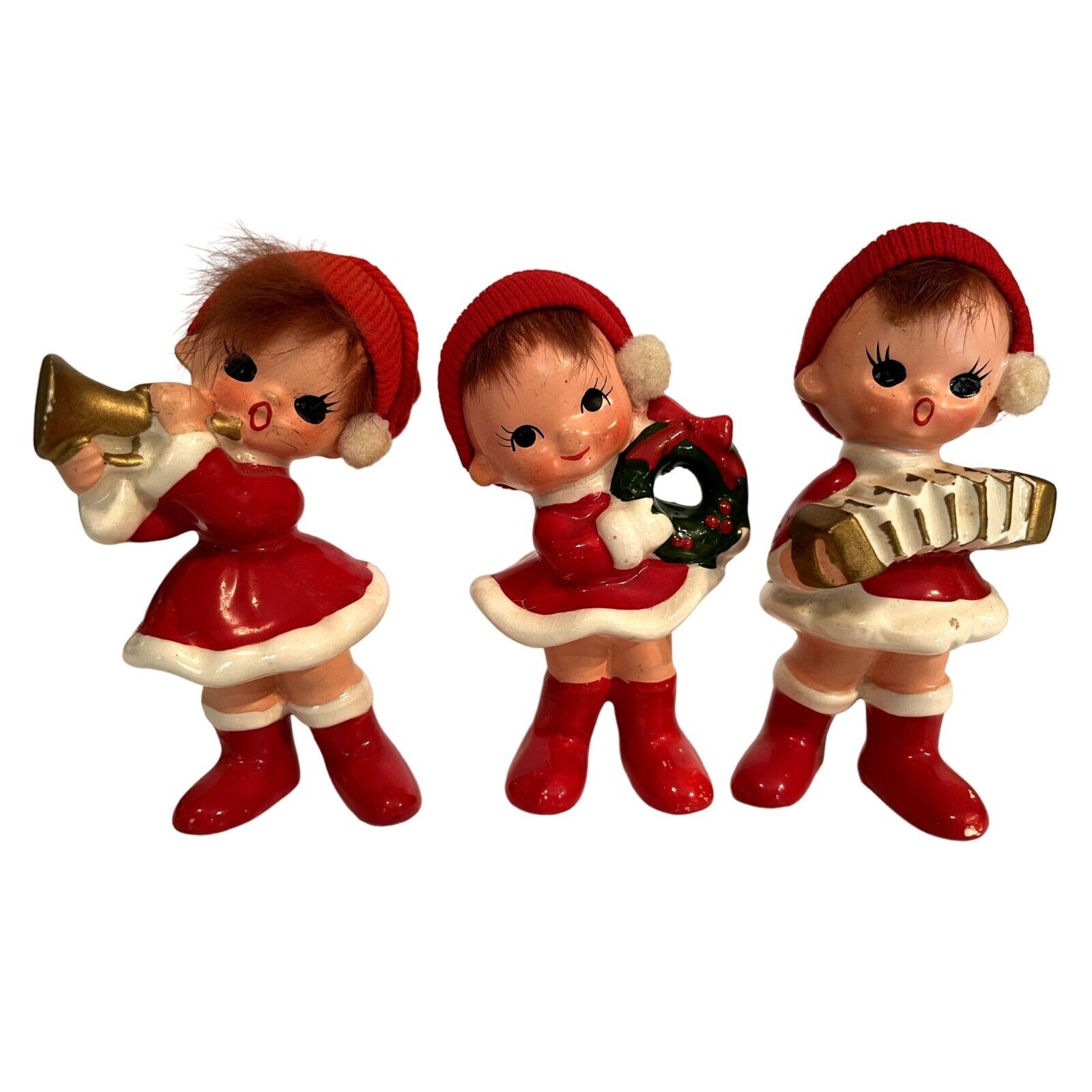Vintage Christmas Pixie Girls Elf Playing Music Accordion Wreath Japan Set of 3