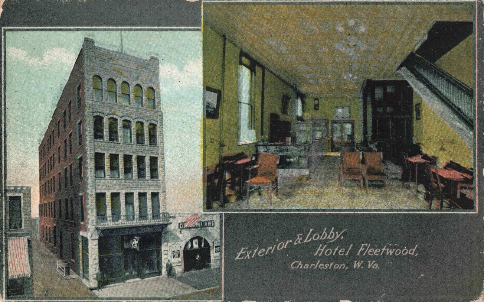 Exterior & Lobby Hotel Fleetwood Charleston West Virginia WV c1910 Postcard
