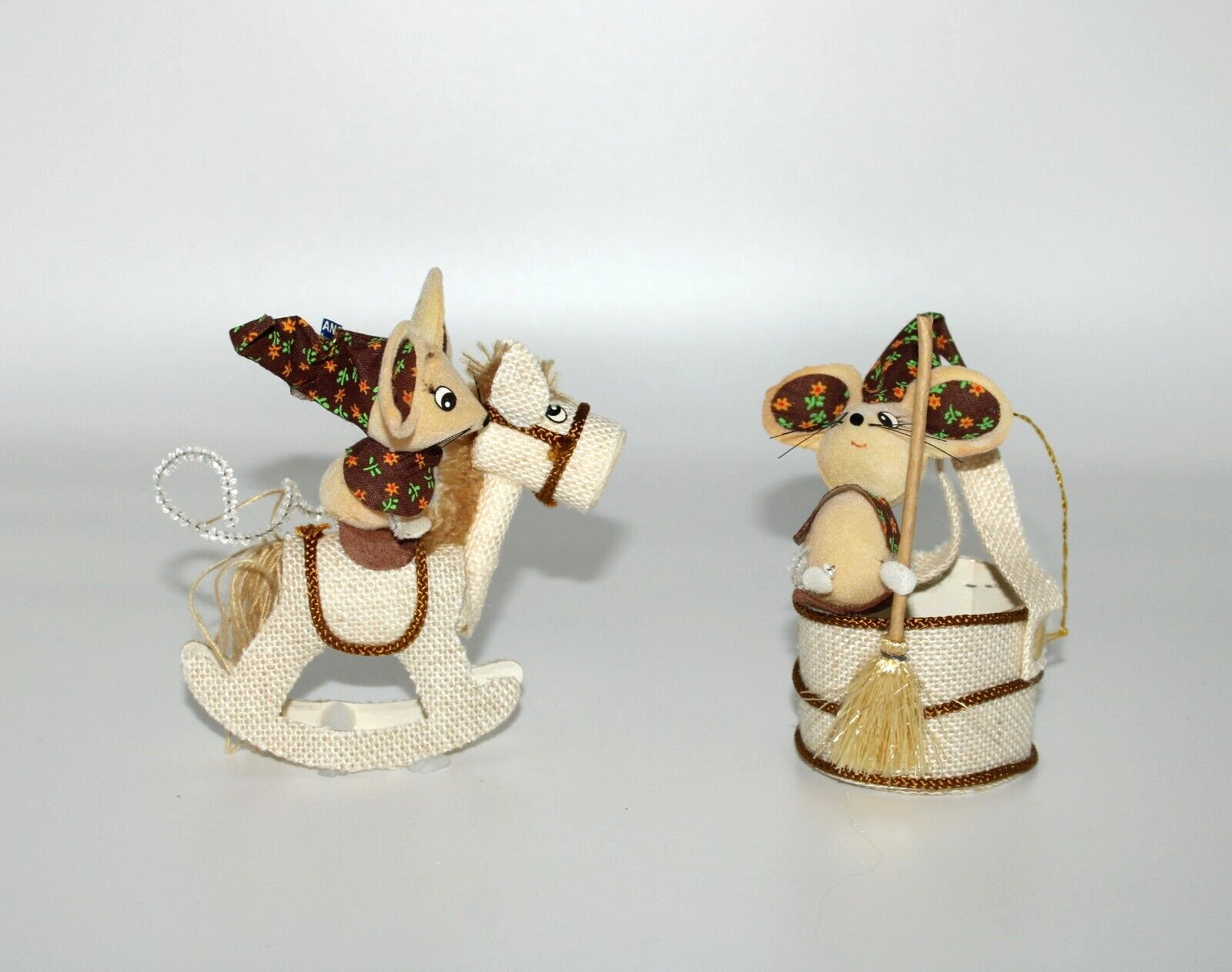 2 VTG Flocked Canvas Mouse Elf Rocking Horse Bucket Christmas Ornaments Japan