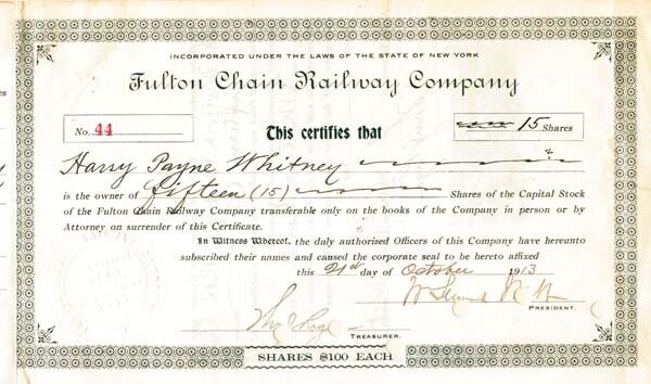 Harry Payne Whitney and William Seward Webb autographed Fulton Chain Railway Co.