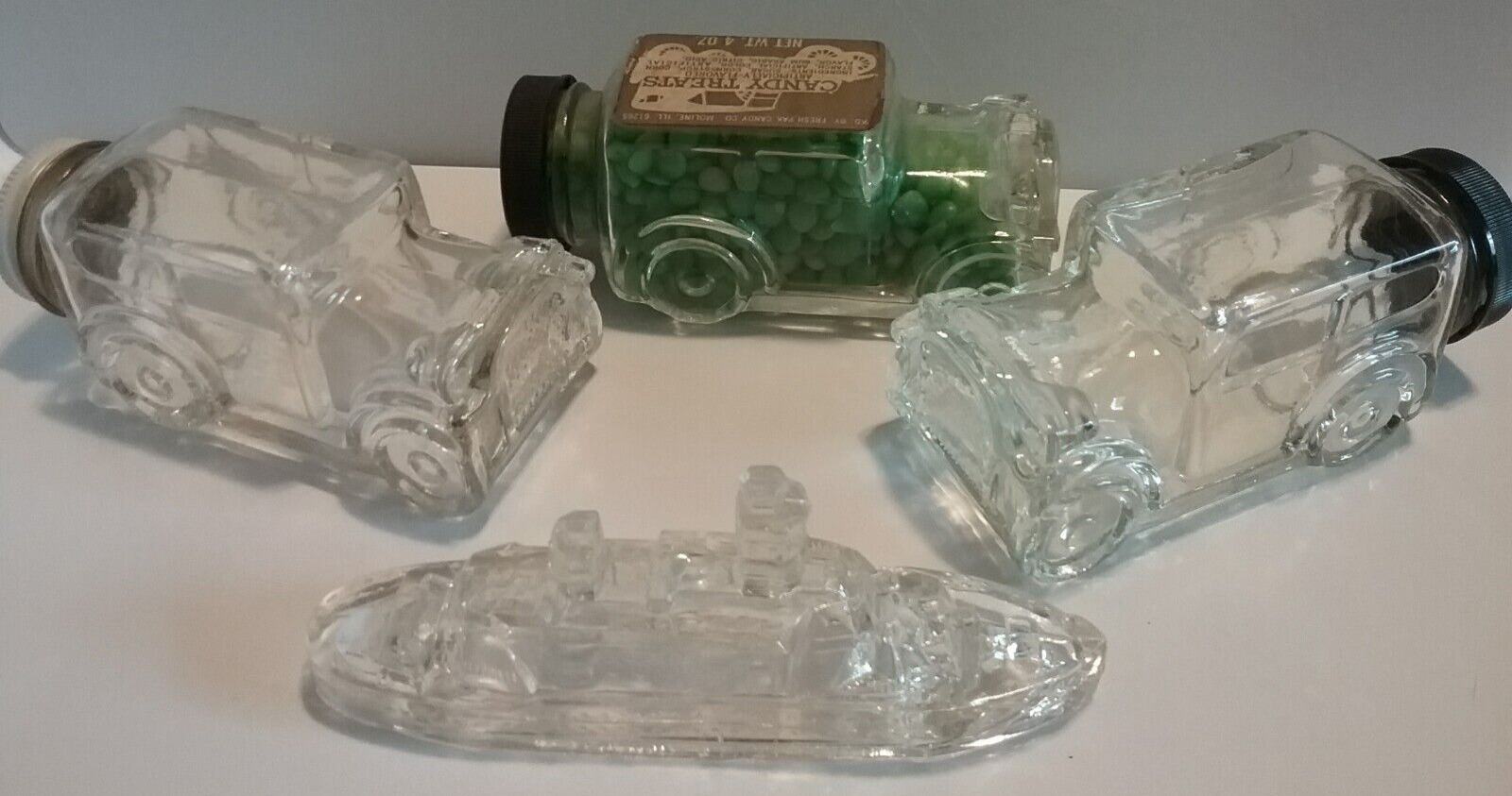 4 Vintage Glass Candy Containers, Touring Car Autos, Battleship, 1 orig label