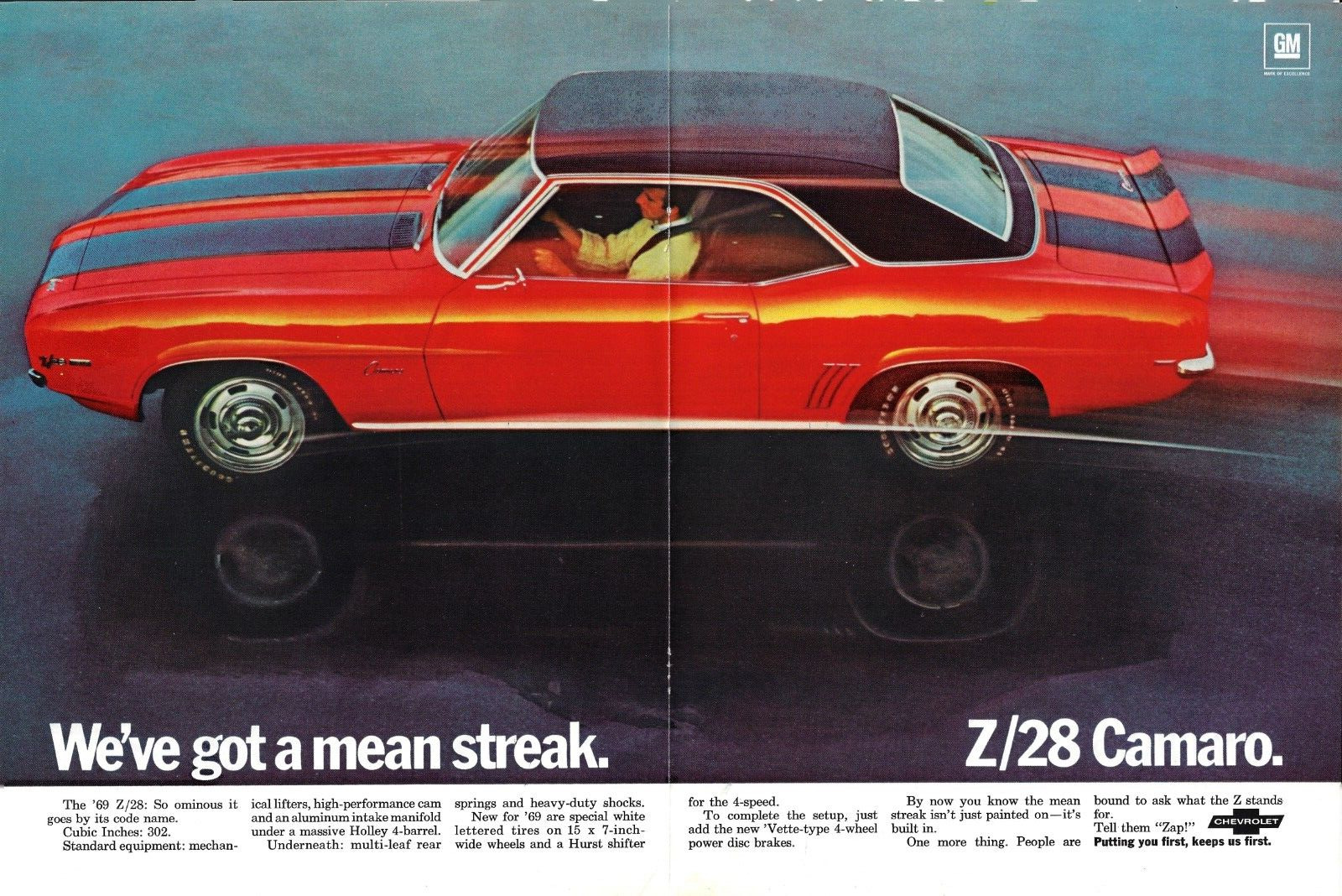 1969 Chevrolet Camaro Z/28 Red Mean Streak 302 Photo Original Color Print Ad