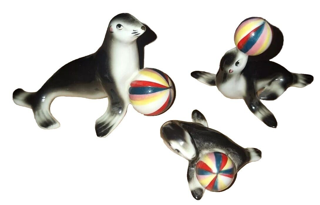 Lot of 3 Vintage Miniature Circus Seals with Ball Fine Bone China Figurines