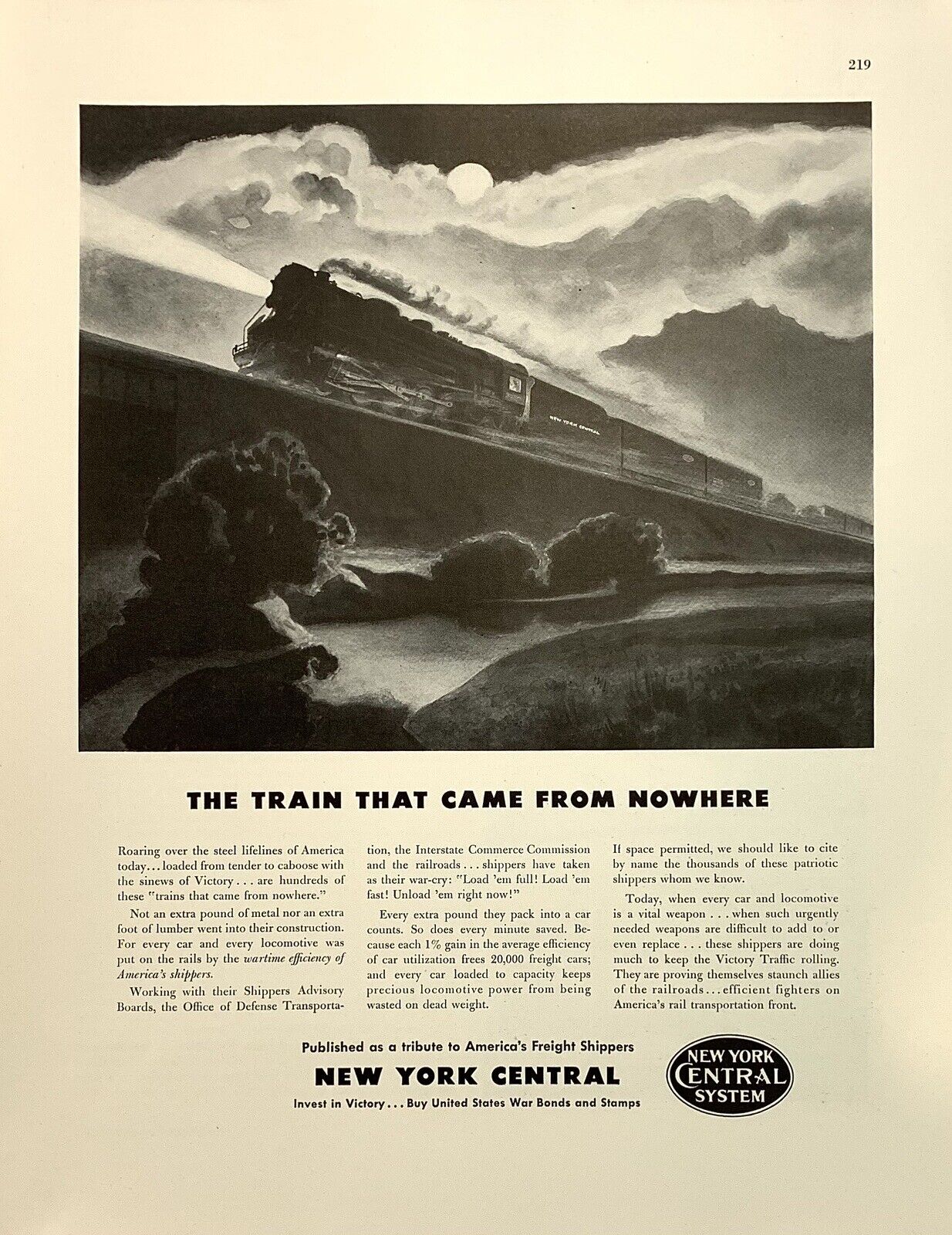 Vintage 1942 Magazine Print Ad New York Central System Railroad WWII Railways