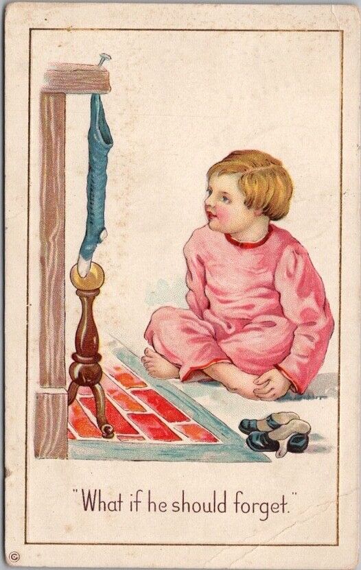 1916 CHRISTMAS Postcard Boy / Stocking 