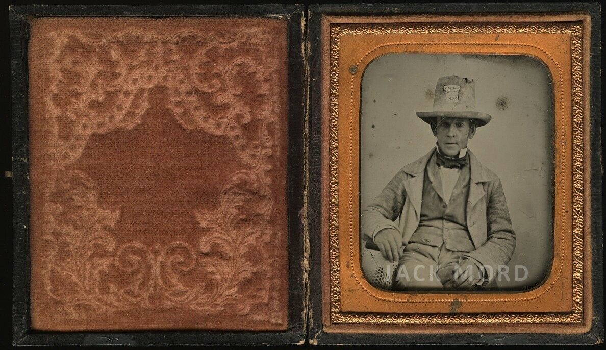 RARE Ambrotype Photo Civil War Southern Man Wearing Flour for Cash SIGN on Hat