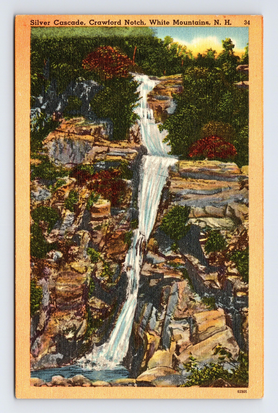 Postcard Crawford Notch NH New Hampshire Silver Cascade Waterfall White Mtns