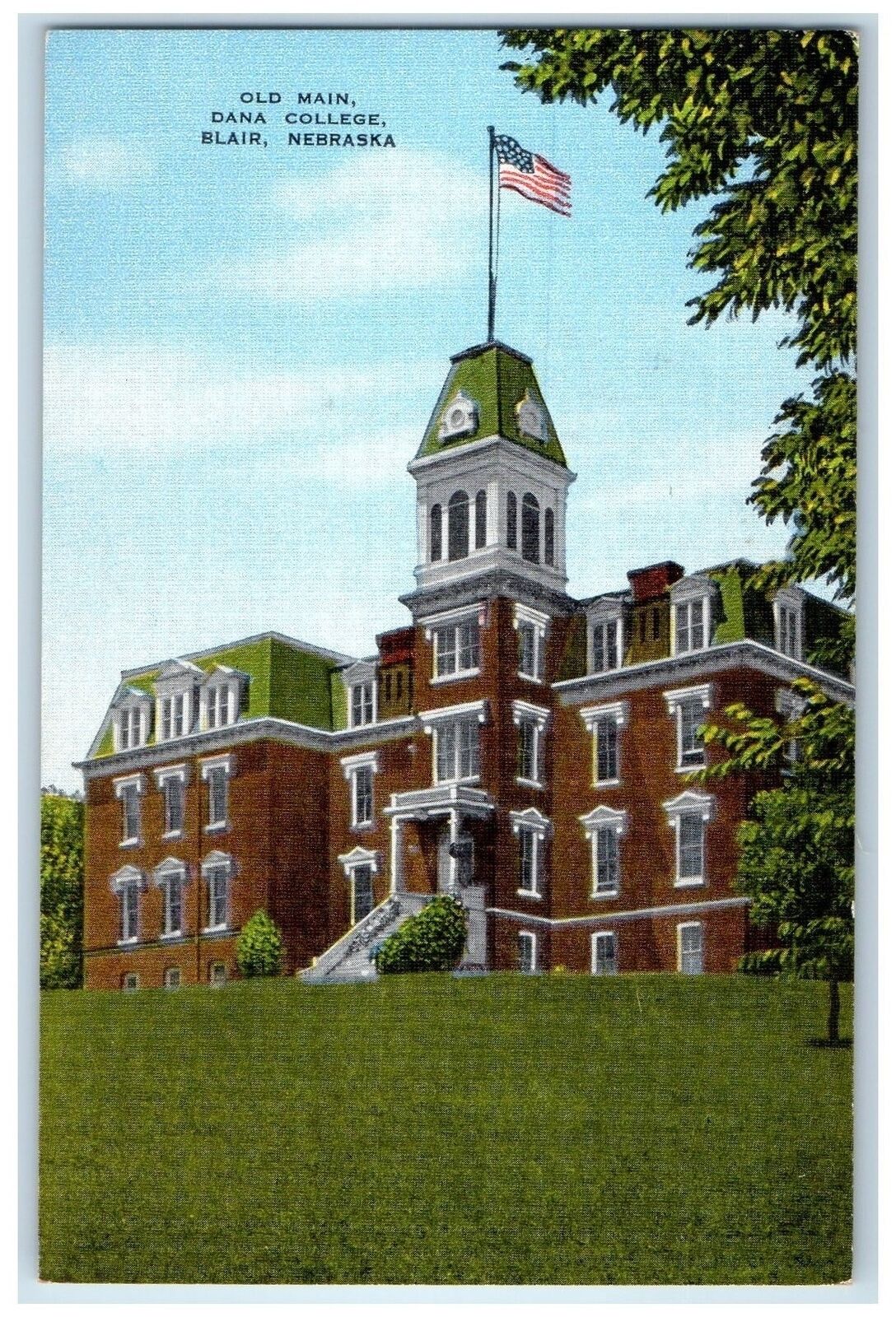c1940's Old Main Dana College Building Exterior Blair Nebraska NE Trees Postcard