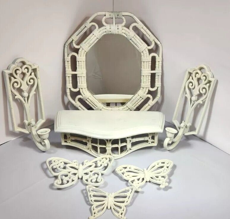 9 VTG HOMCO HOME INTERIORS WHITE BAMBOO STYLE MIRROR TOWEL  BUTTERFLY SYROCO SET