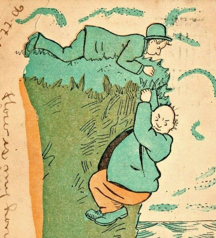 C.1906 Comic. Drop In. To John Ryan. Cliffs Edge Sea. Bowler Hat. Hand Colored.