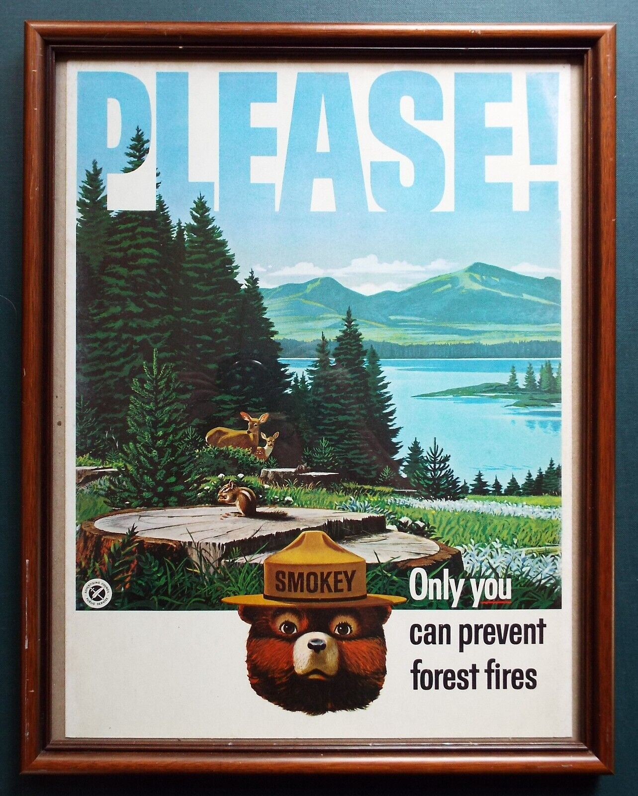 1950s 1960s Framed Vintage Original Smokey Bear Waxed Cardstock Poster