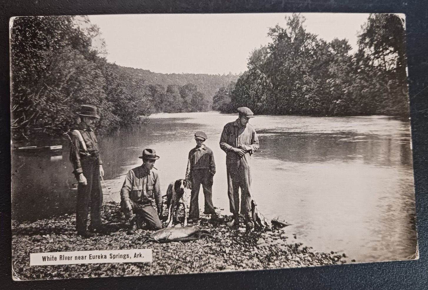 vtg postcard Men Fishing White River near Eureka Springs AR Arkansas Gray