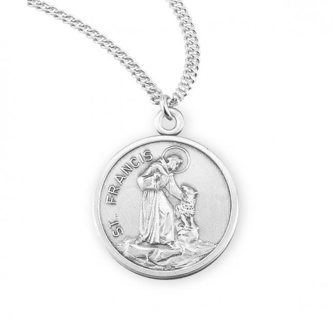 Stylish Saint Francis of Assisi Round Sterling Silver Medal Size 0.9in x 0.7in